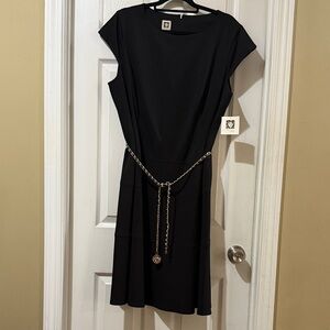 New Anne Klein Black Cap Sleeve Dress with Gold Chain Belt, Size 18W